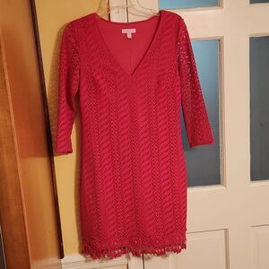 Lilly Pulitzer Hot Pink Dress w/ Crochet Overlay & Fringe w/ Longsleeves Size S